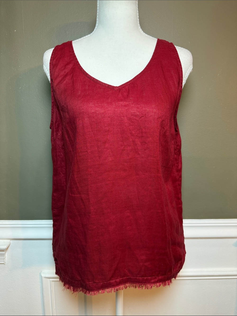Garnet Hill Red Linen Tank Top Fringe Hem High Low Size 4
